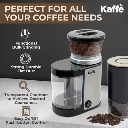 Kaffe Electric Burr Coffee Grinder (5.5oz) with Adjustable Coarseness Settings, Precision Coffee Bean Grinder (Silver)