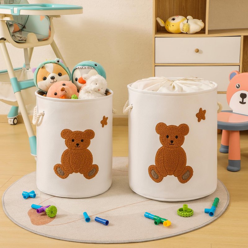 Kids Laundry Basket Nursery Hamper Baby Laundry Basket Stuffed Animal Toys Storage Baskets for Toddler Room Decor, Dirty Clothes Hampers with Drawstring Closure for Bedroom/Living Room/Nursery, Bear