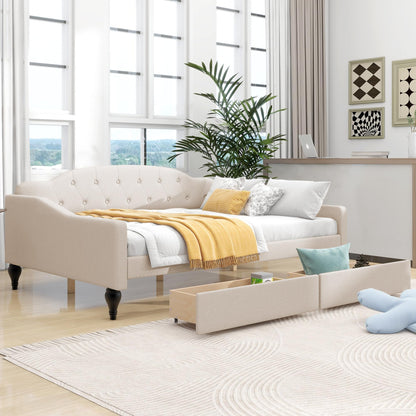 Acosure Full Size Upholstered Tufted Daybed with Two Storage Drawers,Linen Sofa Bed,Easy Assemble & No Box Spring Needed,Perfect for Small Space,Bedroom,Livingroom,Guest Room, Beige
