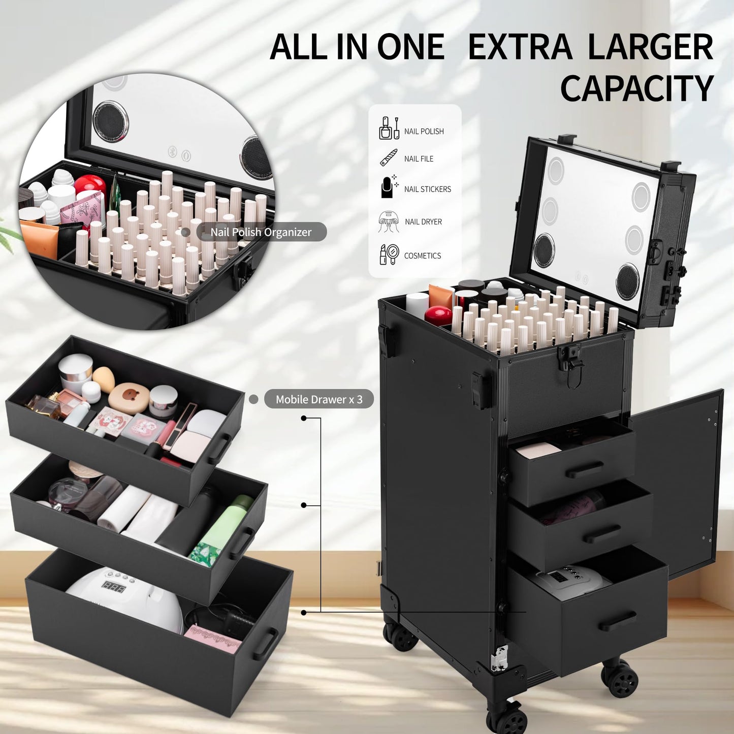 ZhenGuiRu Portable Manicure Table 3 Drawers, Rolling Lockable Makeup Train Case with Blueteeth Speaker and Nail Polish Organizer, Foldable Nail Desk with Mirror & TSA Lock for Nail Tech and Salon Use