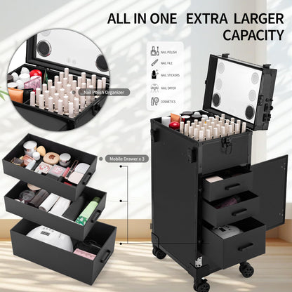 ZhenGuiRu Portable Manicure Table 3 Drawers, Rolling Lockable Makeup Train Case with Blueteeth Speaker and Nail Polish Organizer, Foldable Nail Desk with Mirror & TSA Lock for Nail Tech and Salon Use