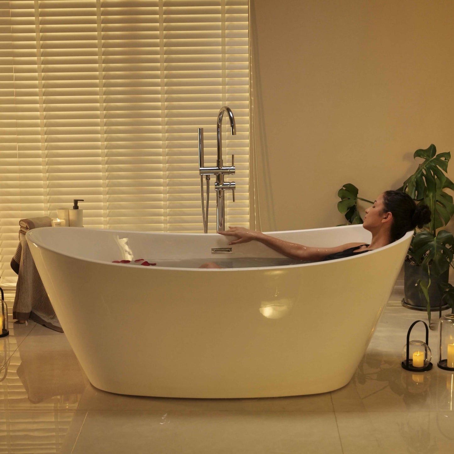 67" Luxury Freestanding Bathtub - Deep Soak Acrylic Tub for Master Bathroom, Modern Standalone Shower Tub with Overflow Drain, Non-Slip Flat Bottom Design, Spa Experience at Home,cUPC Certified