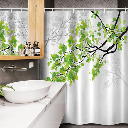 Ambesonne Nature Stall Shower Curtain, Twiggy Spring Tree Branch Leaves Graphic, Fabric Bathroom Decor Set with Hooks,