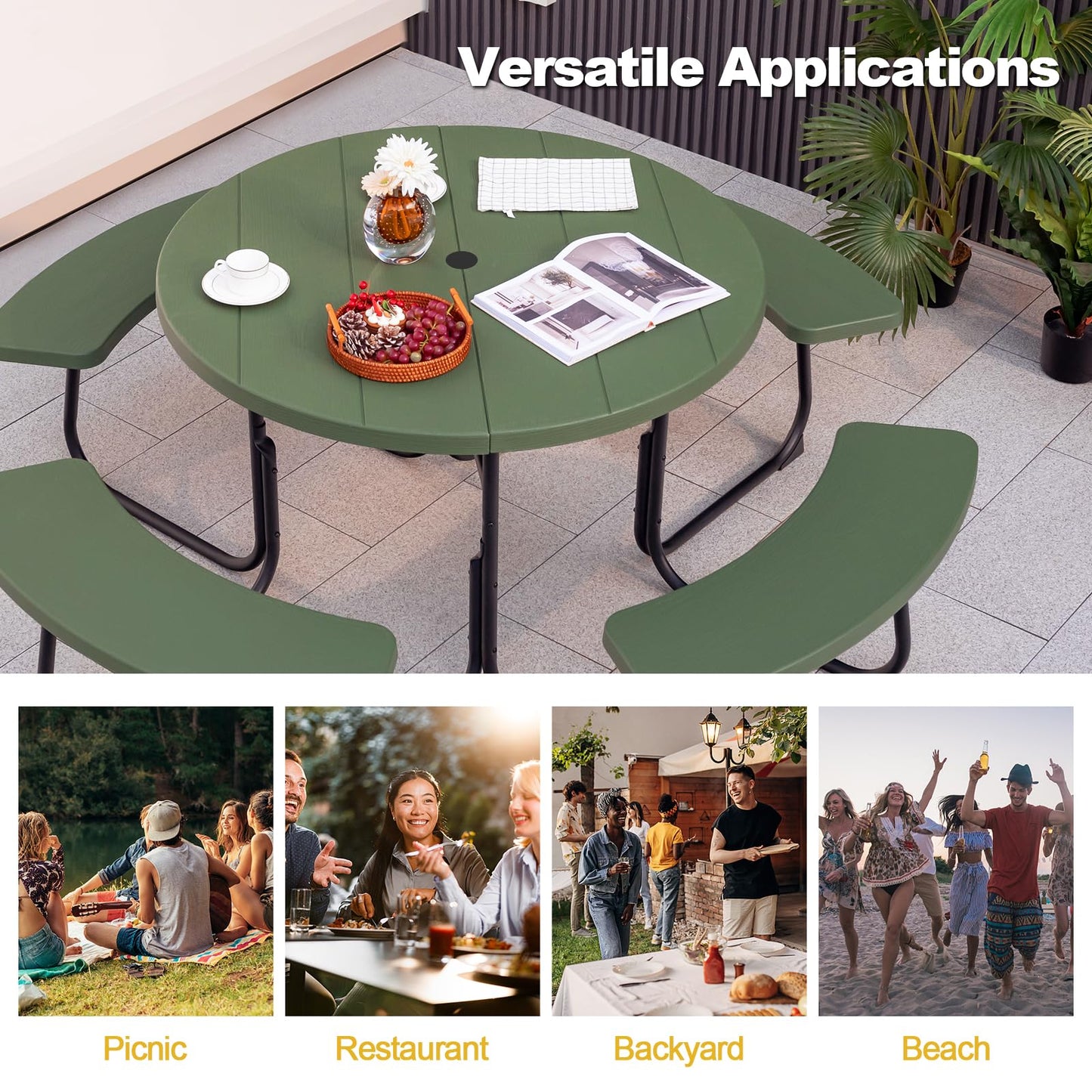 Tangkula 8 Person Picnic Table, Outdoor Round Picnic Table with 4 Built-in Benches, Umbrella Hole, Metal Frame & HDPE Tabletop, Outside Table and Bench Set for Backyard, 2300lbs Weight Capacity