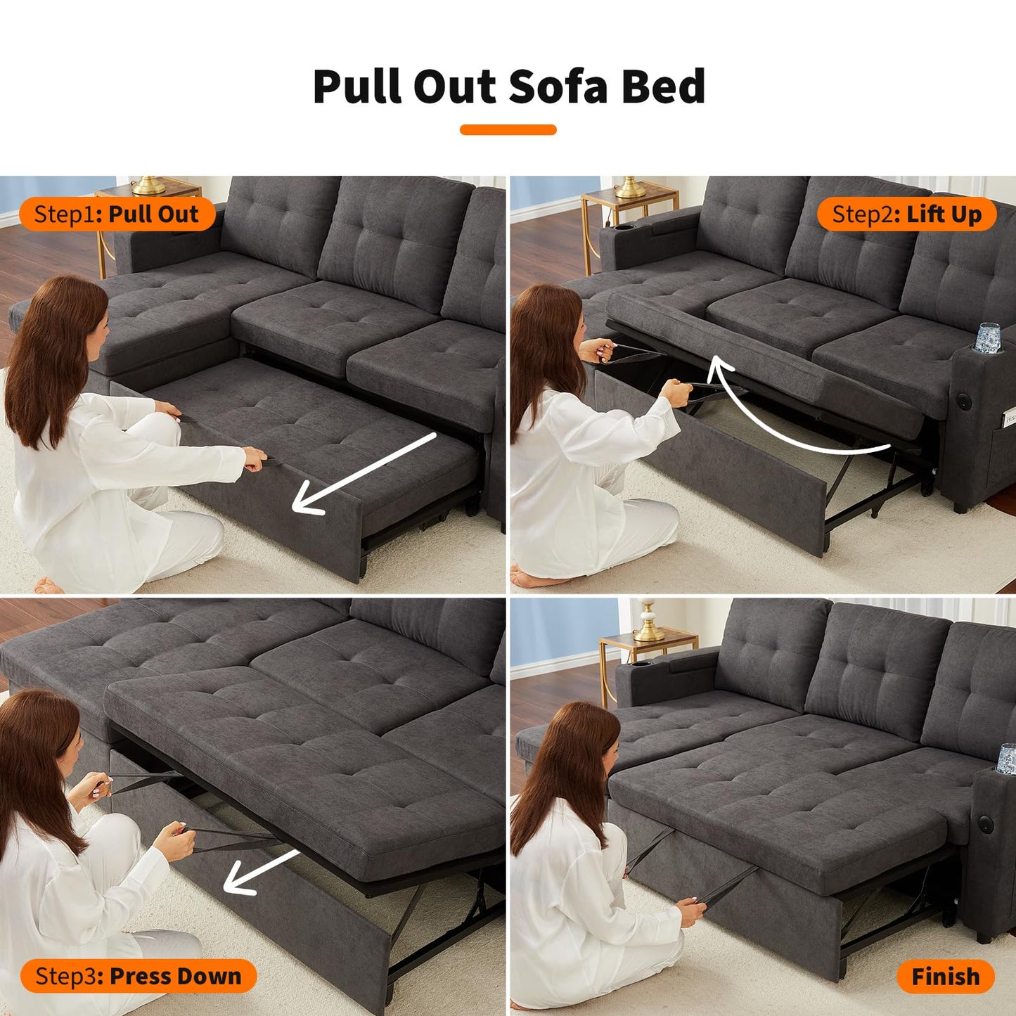 GarveeLife Couches for Living Room, 84'' L-Shaped Sectional Sleeper Sofa with Pull Out Bed, Comfy Sofa Bed with Charging Ports and Storage Armrests, Dark Grey