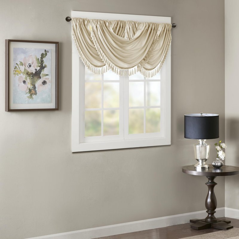 Madison Park Elena Waterfall Embellished Rod Pocket Valance , Faux Silk Valances for Window , 38X46" , Champagne
