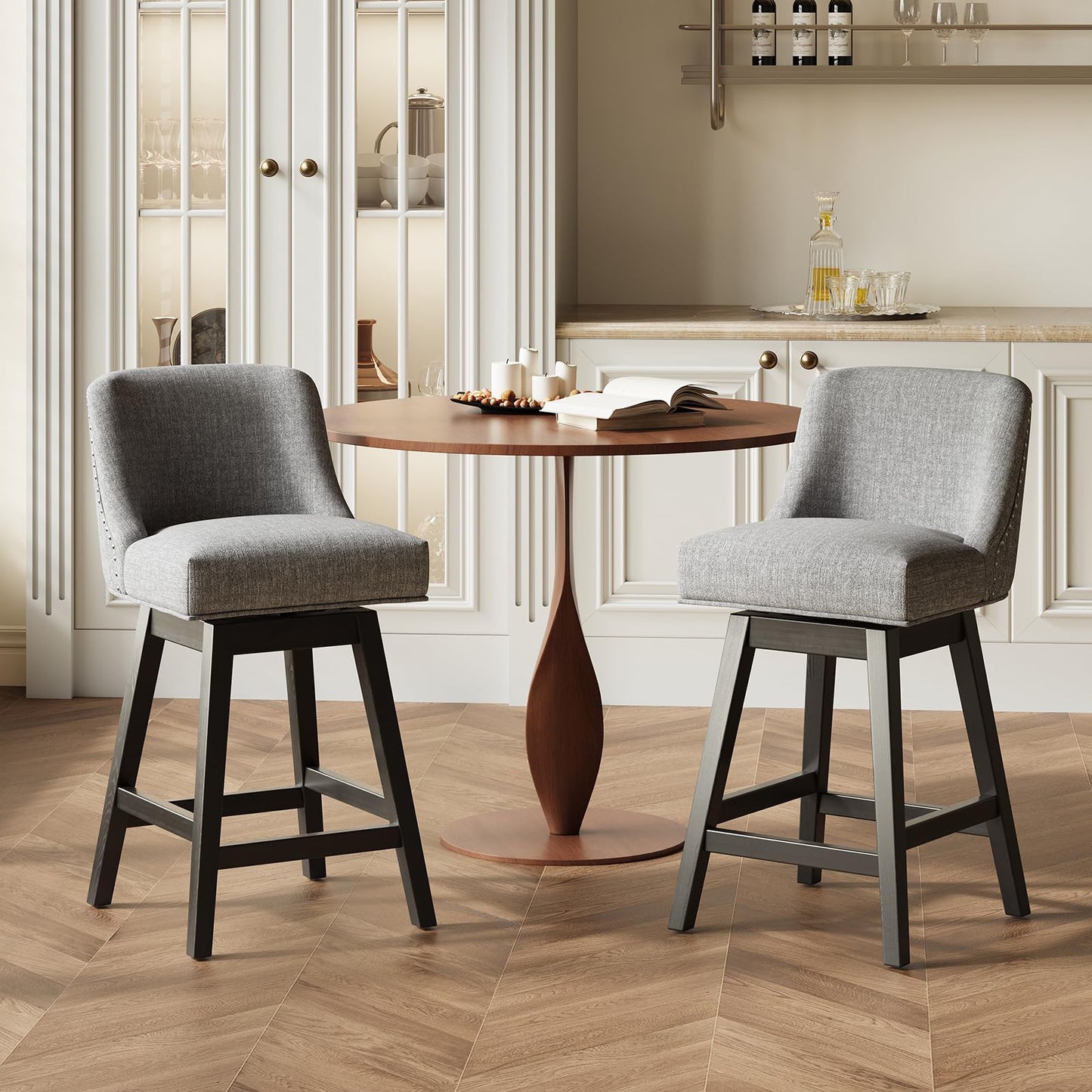 MALOL Swivel Bar Stools Set of 4, 27" Counter Height Kitchen Stools with Padded Seats and Solid Wood Legs, Upholstered Barstools for Kitchen Island, Breakfast Nook (Dark Gery)