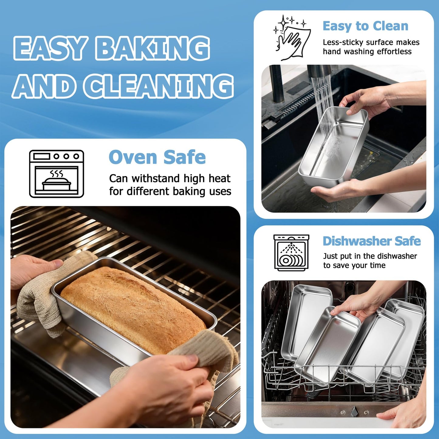 TeamFar Loaf Pan, 9¼" × 5" Bread Loaf Pans Meatloaf Pan Stainless Steel for Baking Bread Cake Lasagna, Healthy & Durable, Oven & Dishwasher Safe - Set of 4