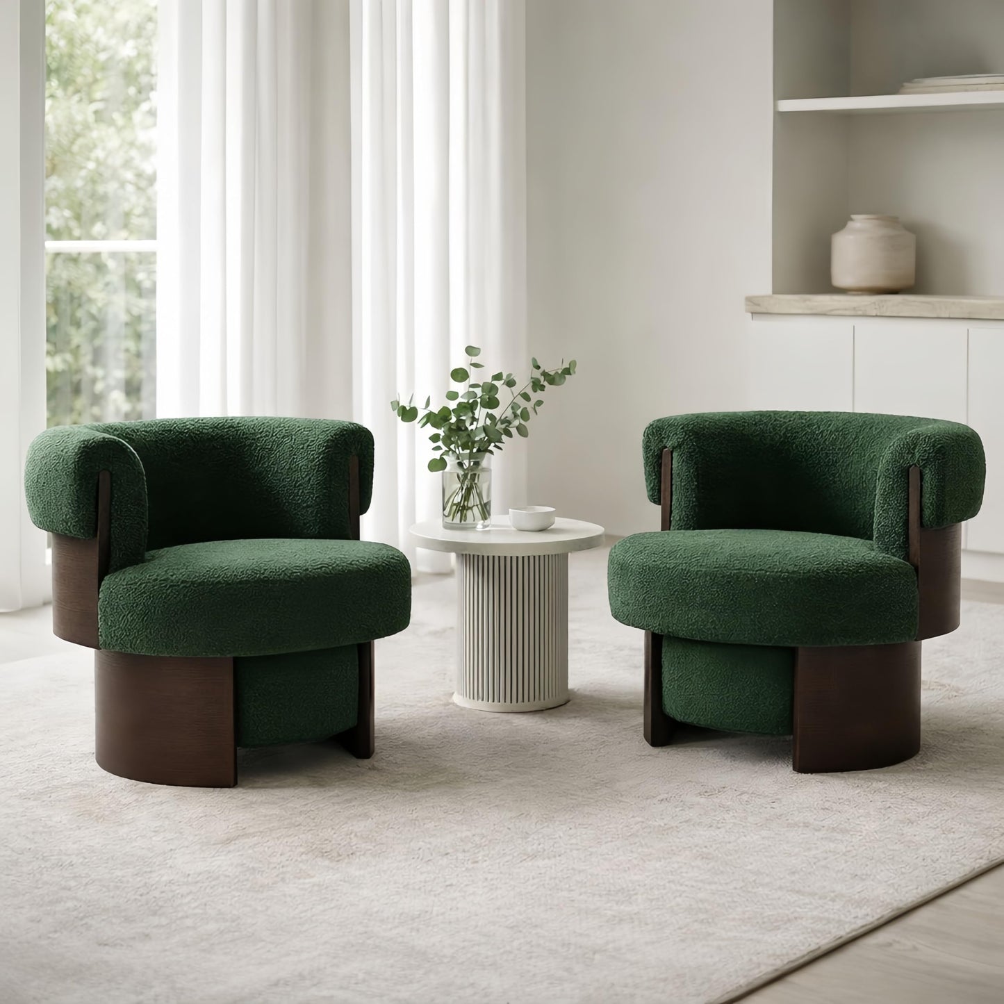 Christopher Knight Home Scrolla Boucle Upholstered 360° Swivel Accent Chair Set of 2, Teddy Fleece Living Room Swivel Barrel Chair, Modern Vanity Chair for Living Room, Bedroom, Green