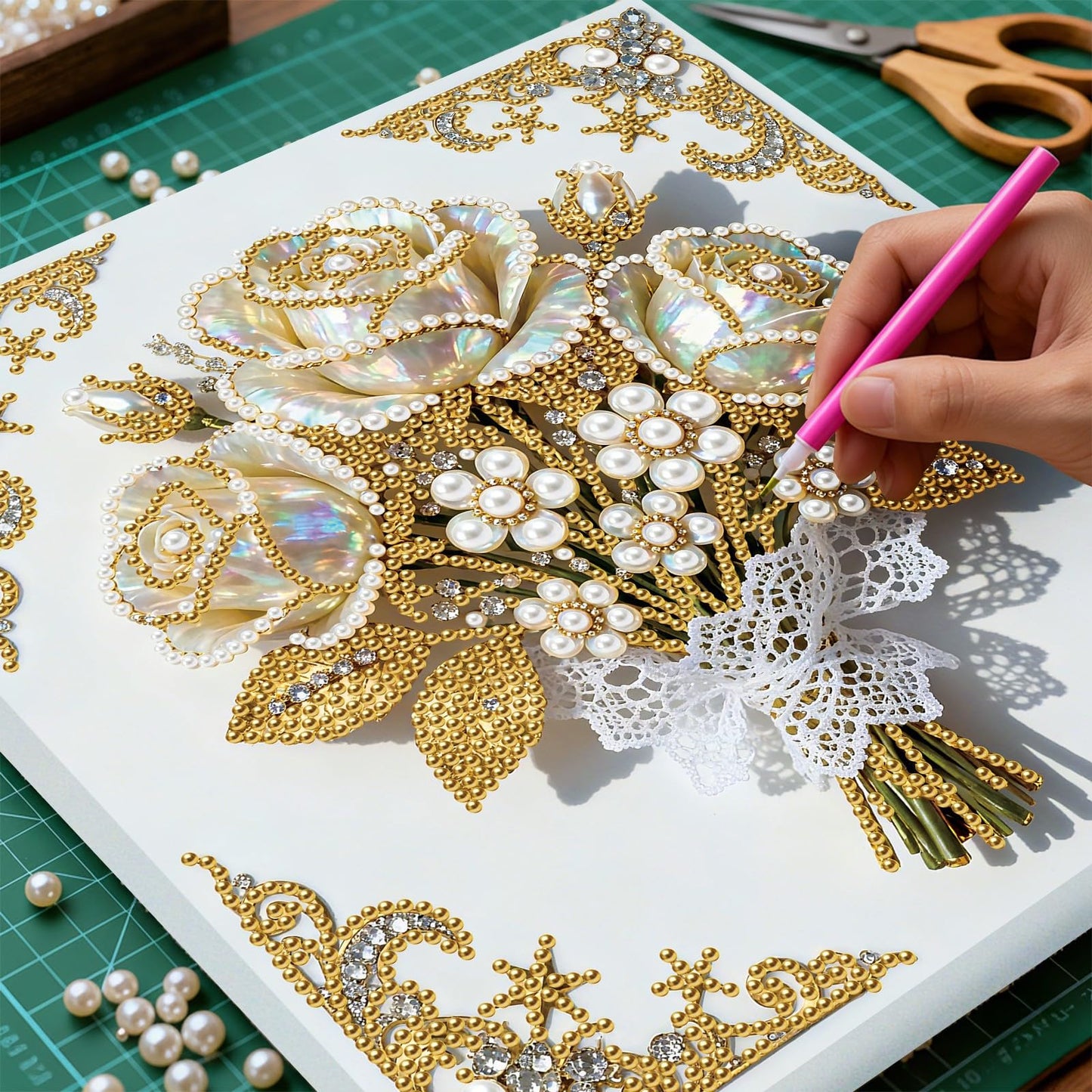 yzARTche Diamond Art Pearl Painting Kit, DIY Pearl Art Painting with White Frame, Handmade Gem Dot Picture Craft for Home Wall Decor Present Set-05-Rose
