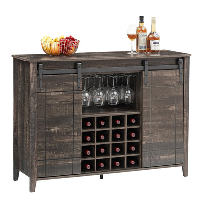IDEALHOUSE Wine Bar Cabinet,Coffee Bar Cabinet,Farmhouse Liquor Station,Rustic Buffet Sideboard with Sliding Barn Doors,Wine & Glass Racks,Adjustable Shelves,for Living Room,Kitchen,Entryway(Fire)