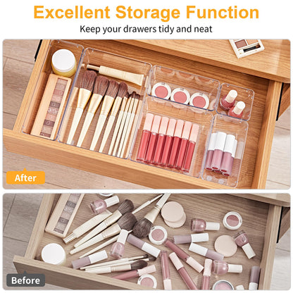SMARTAKE 13-Piece Drawer Organizers with Non-Slip Silicone Pads, 5-Size Desk Bathroom Drawer Organizer Trays Storage Tray for Makeup, Jewelries, Utensils in Bedroom Dresser, Office and Kitchen, Clear