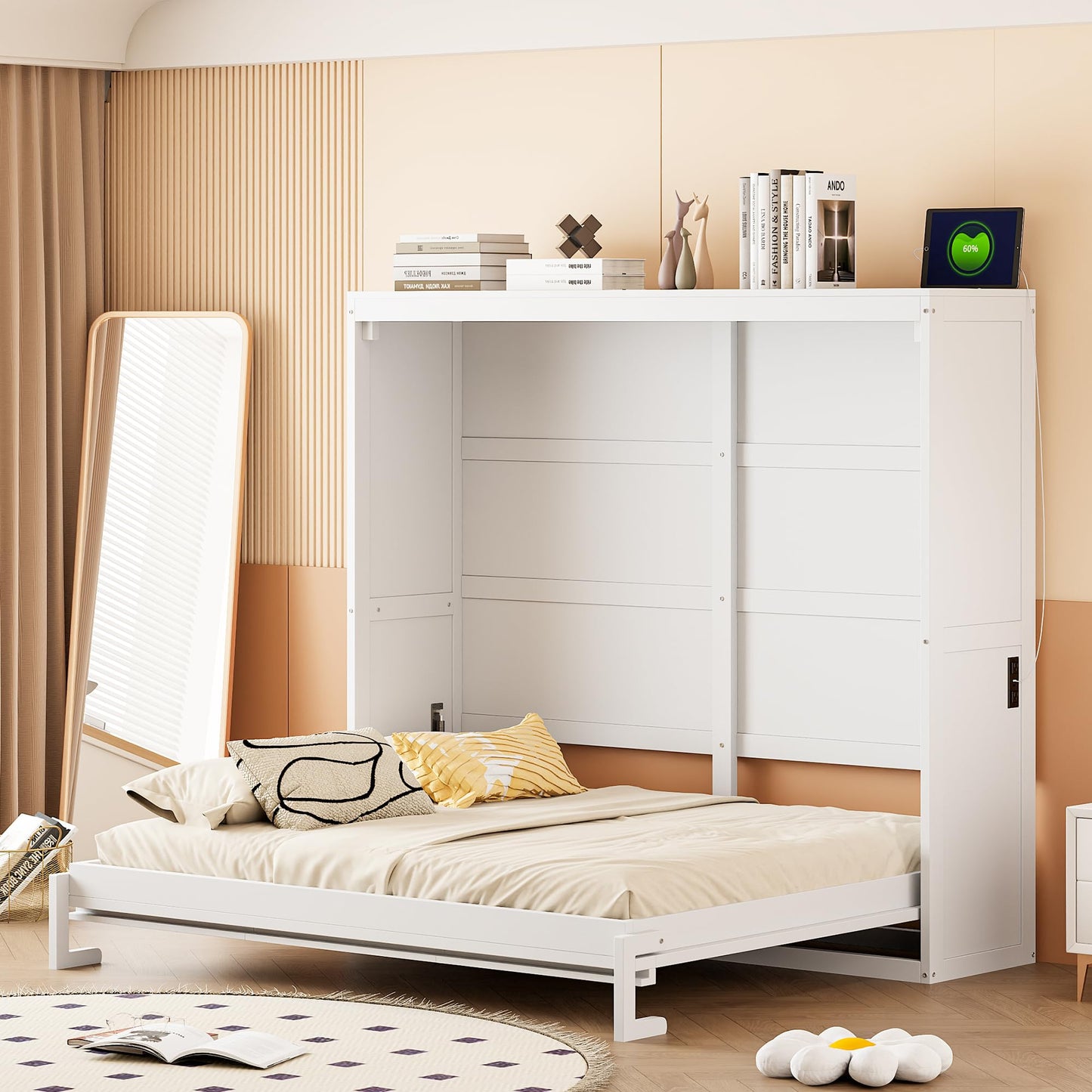 Ball & Cast Murphy Bed Full Size Wall Chest with Charging Station and Slat Support,Wood Hideaway Cabinet Platform Bedframe w/Leg,can be Folded,Space-Saving,for Small Room,Dorms,White