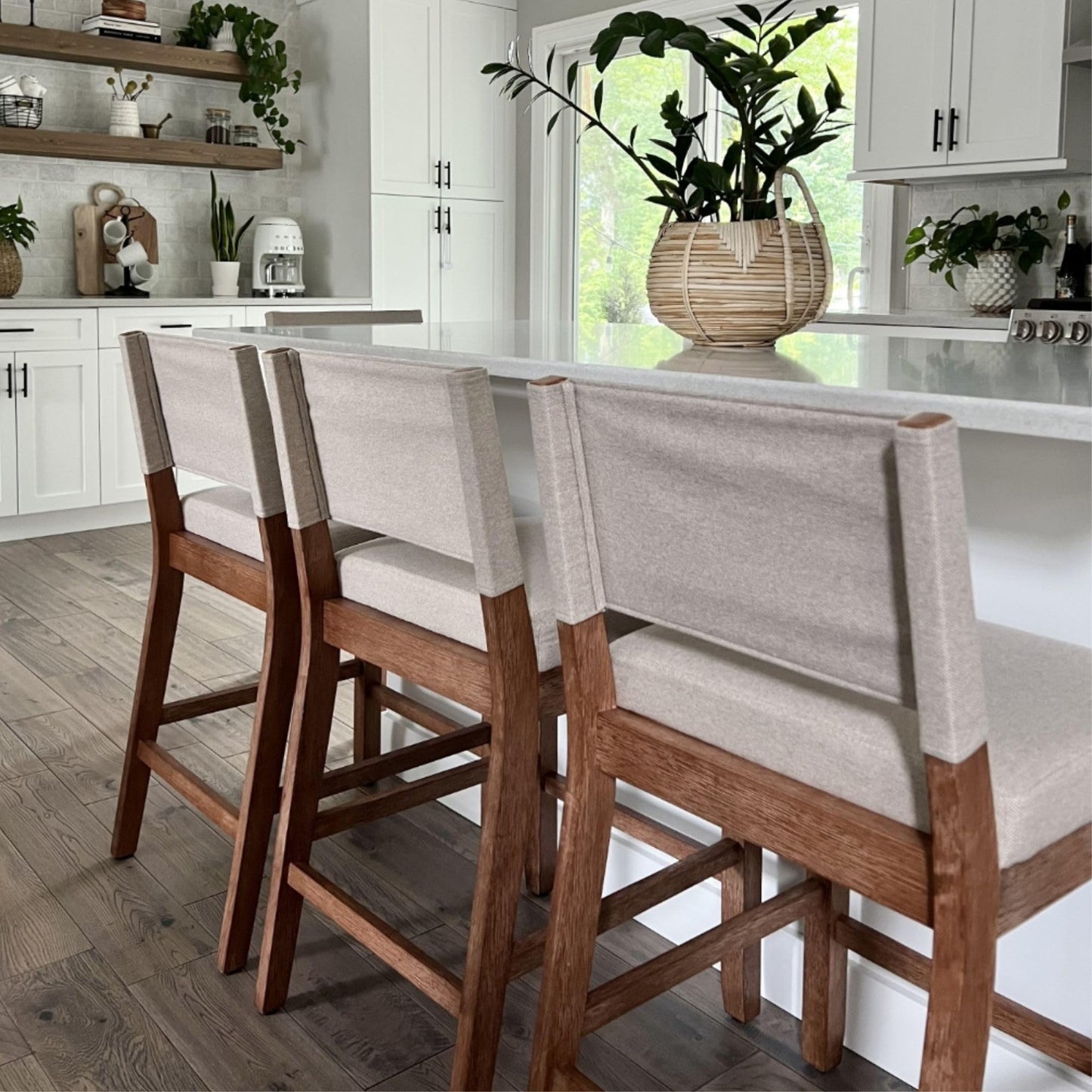 Nathan James Linus Modern Upholstered Counter Height Bar Stool with Back and Solid Rubberwood Legs in a Wire-Brushed Light Brown Finish, Natural Flax/Brown, Set of 4