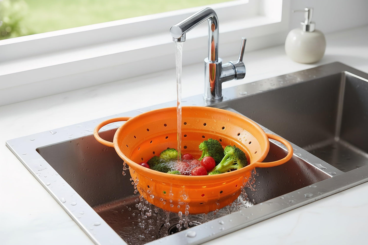2 Pack Strainers and Colanders, Silicone Collapsible Sink Collander, Strainers and Colanders for Kitchen, Large Drainer for Vegetable, Food, Pasta (Orange)