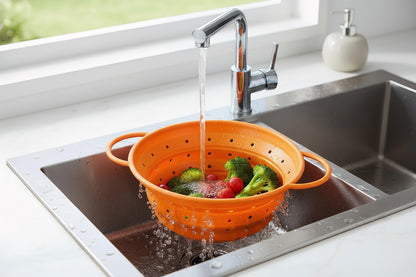 2 Pack Strainers and Colanders, Silicone Collapsible Sink Collander, Strainers and Colanders for Kitchen, Large Drainer for Vegetable, Food, Pasta (Orange)