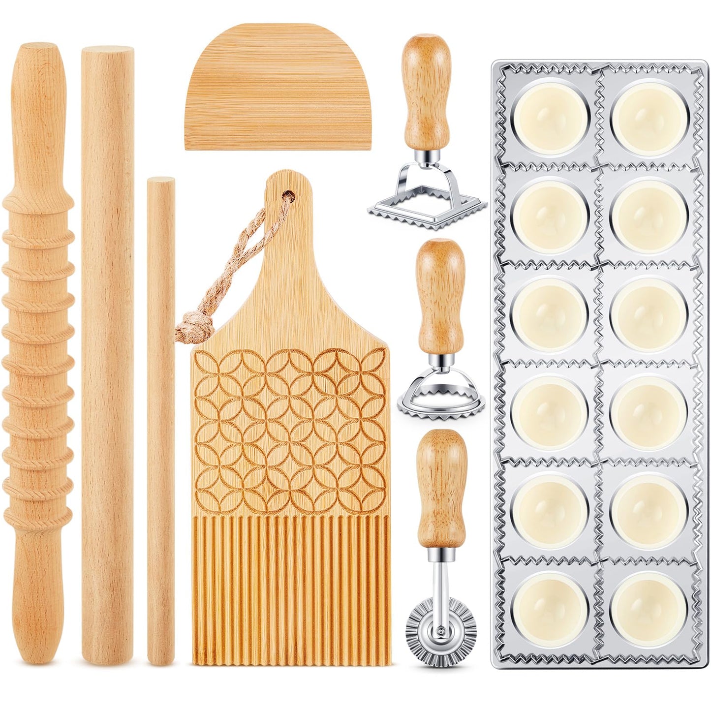 Tioncy 9 Pcs Pasta Making Tool Set, Wood Gnocchi Board with Ravioli Mold Raviolo Maker Raviolo Stamp Rolling Pin Gnocco Maker for Home Cooking Kitchen Gift(Pattern Gnocchi Board with Ravioli Mold Set)