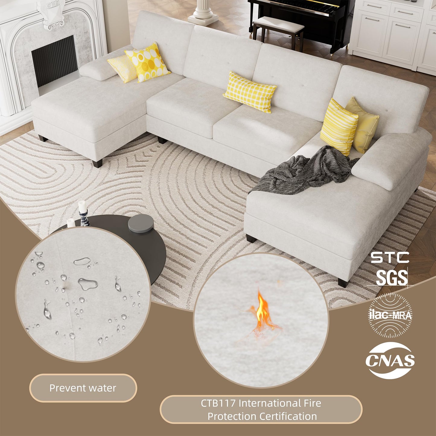 U-Shaped Sectional Couches for Living Room, 4 Seat Sofa with Double Chaise Lounges,Solid Wood Frame Sectional Sofa for Apartment,White