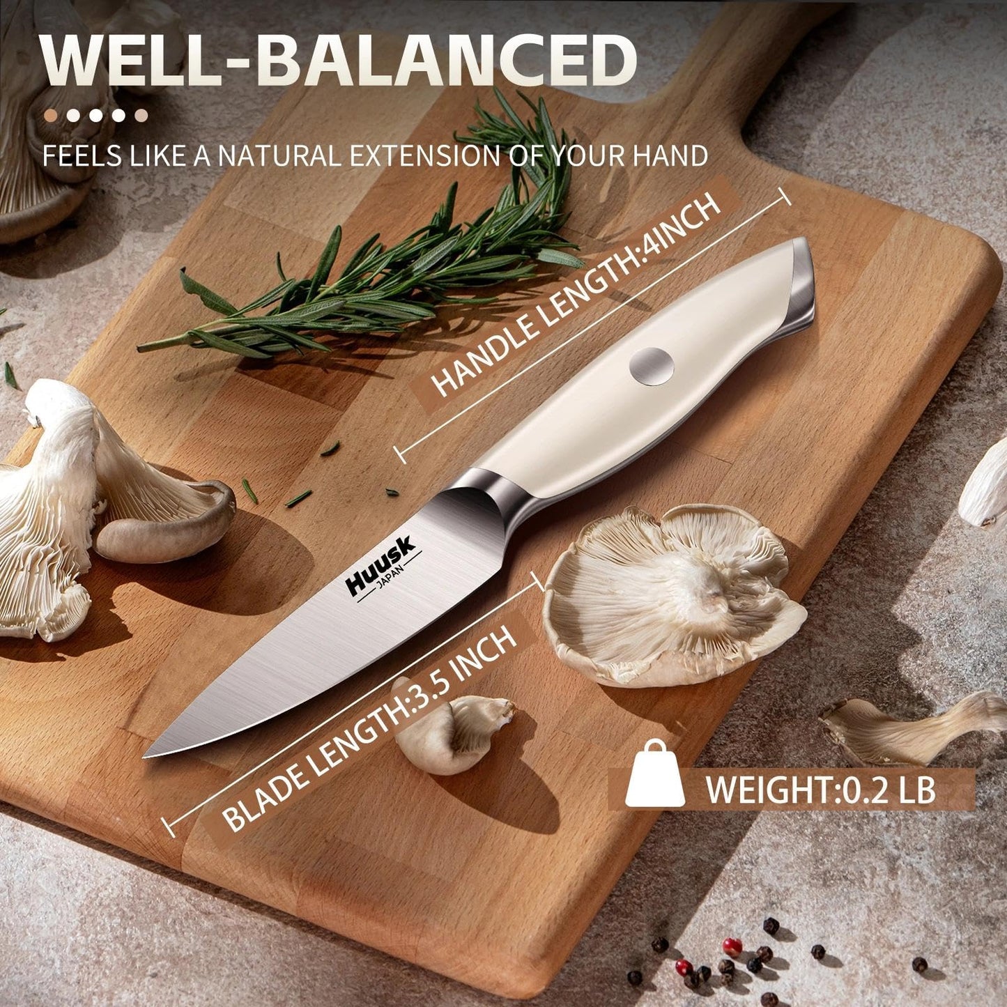 Huusk Paring Knife Ultra Sharp, 3.5" Small Kitchen Knife with Ergonomic Ivory White Handle Fruit Knives for Peeling Coring Cutting Present Gift to Men Women