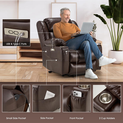 Outspurge Large Power Lift Recliner Leather Chair Sofa with Massage & Heat, Lazy Boy Chair with Cup Holders, USB & Type-C Ports, Remote Control (Brown)