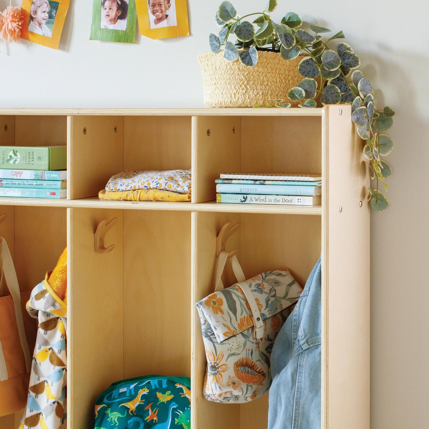 Guidecraft EdQ 5-Section Wooden Storage Locker with Bench Seat for Classroom, Kids Cubby Organizer with Shelves and Hooks for Coats, Divided Playroom Storage with Bins