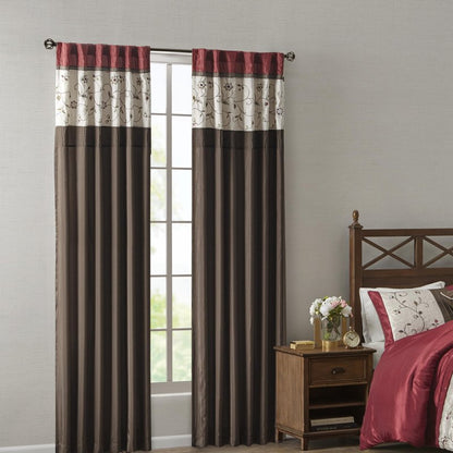 Madison Park Serene Embroidered Light Filtering Treatment Curtain Rod Pocket/Back Tab Single Window Panel Drape for Bedroom Livingroom and Dorm, 50x84", Red