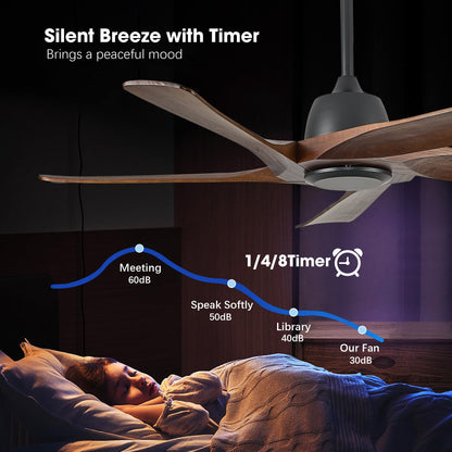 LVYEAYOU 52 Inch Solid Wood Ceiling Fan No Lights, Remote and APP Control, DC Motor, 6-speed Reversible, for Bedroom, Living Room, Office, Dark Walnut