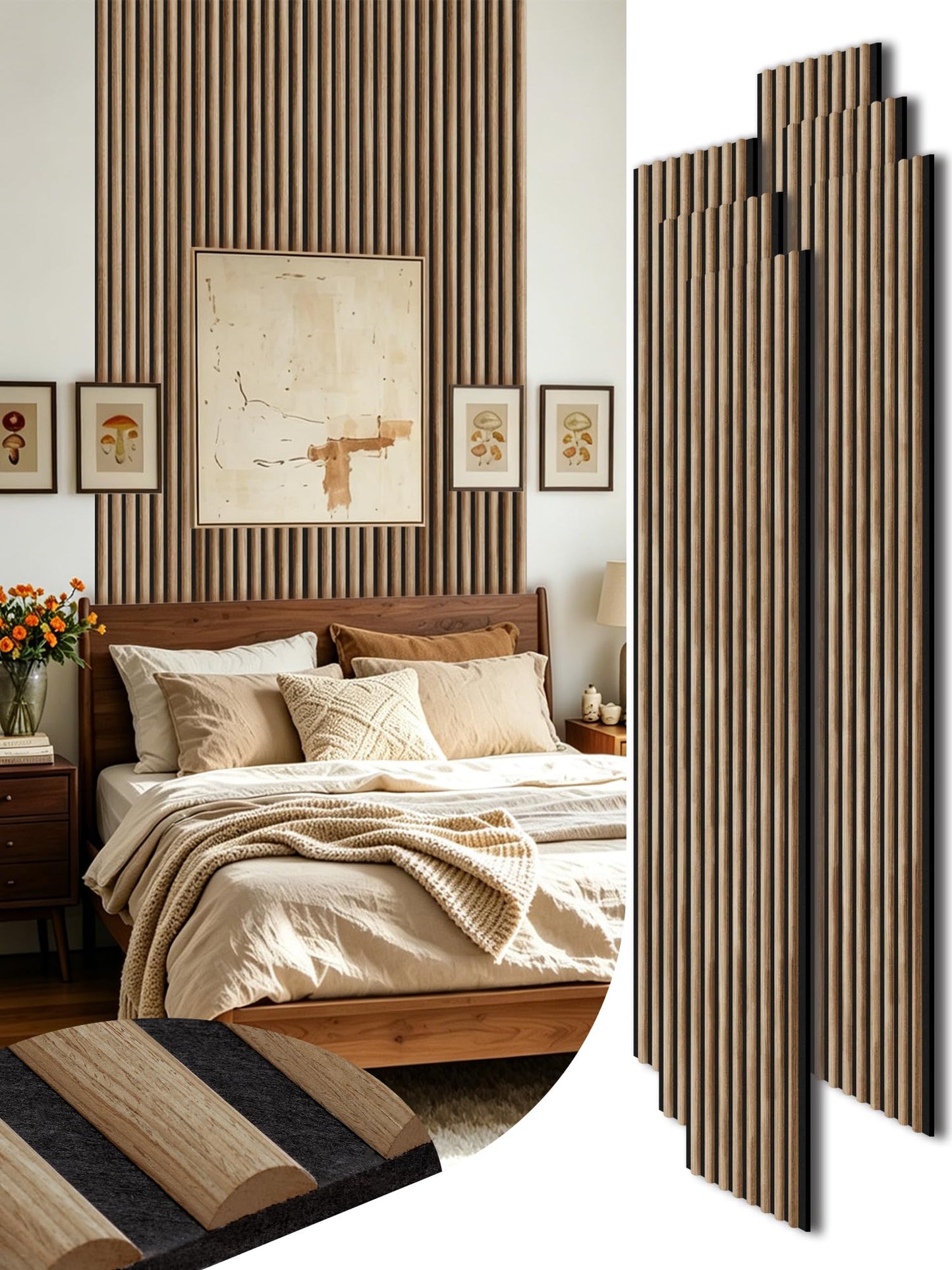 Mollywell Wood Slat Wall Panels, Walnut Acoustic Wall Panel 94.5x12.5 Inch, 8ft Arc Slat Wall Paneling, Flexible 3D Sound Proof Accent Wall Boards NRC 0.95 for TV Backdrop Bedroom, Pack of 6