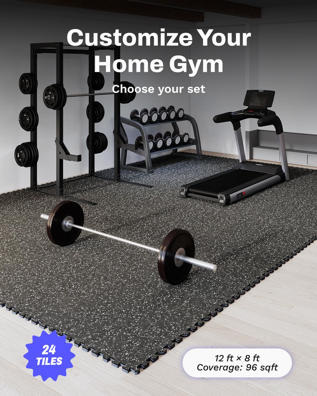 AIRHOP 0.56in Thick 96 Sq Ft Exercise Equipment Mats, 24 Tiles Upgraded Rubber Top with High Density EVA Foam, Large Interlocking Puzzle Gym Flooring for Home Gym, Heavy Weight Workout, 24 x 24in