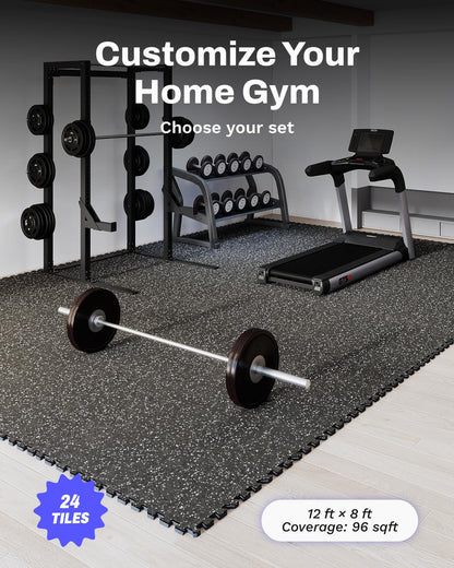 AIRHOP 0.56in Thick 96 Sq Ft Exercise Equipment Mats, 24 Tiles Upgraded Rubber Top with High Density EVA Foam, Large Interlocking Puzzle Gym Flooring for Home Gym, Heavy Weight Workout, 24 x 24in