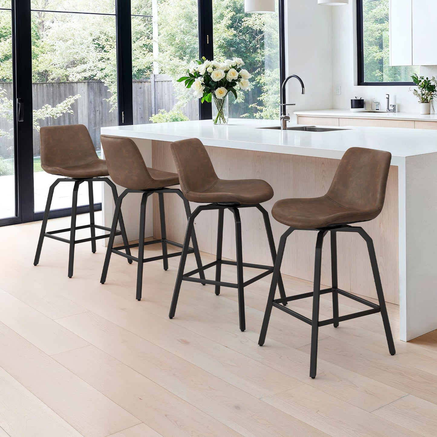 LUE BONA 360° Swivel Bar Stools Set of 4, 26 Inch Counter Height Bar Stools, Modern Faux Leather with Enlarged Seats, Metal Legs for Kitchen Island, Dining, Vintage Brown
