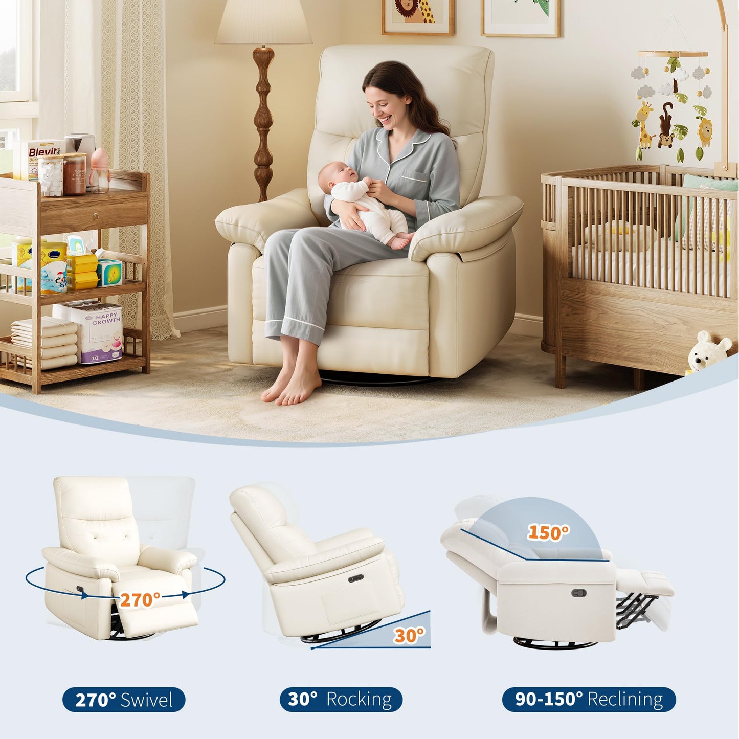 Garvee Power Recliner Chair with 270° Swivel and Rocking, Electric Glider Nursery Chair with USB Charging Port, PU Leather Upholstery and Button Tufted Backrest for Living Room, Cream