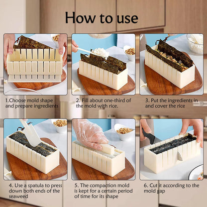XPAPOV Sushi Making Kit, Sushi Maker 10 Pcs Plastic Sushi Tool Set Sushi Rice Roll Mold Shapes, DIY Sushi Roller Tool for Home (Beige)