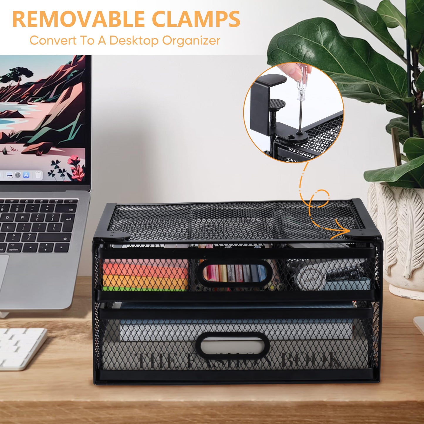 ROLIZOE Sliding Under Desk Drawer Organizer No Drilling 2 Drawers Slide Out Desktop Or Under Table Storage Metal Clamp On Desk Drawer Attachment Anti-Slip Under Desk Organizer for Home & Office