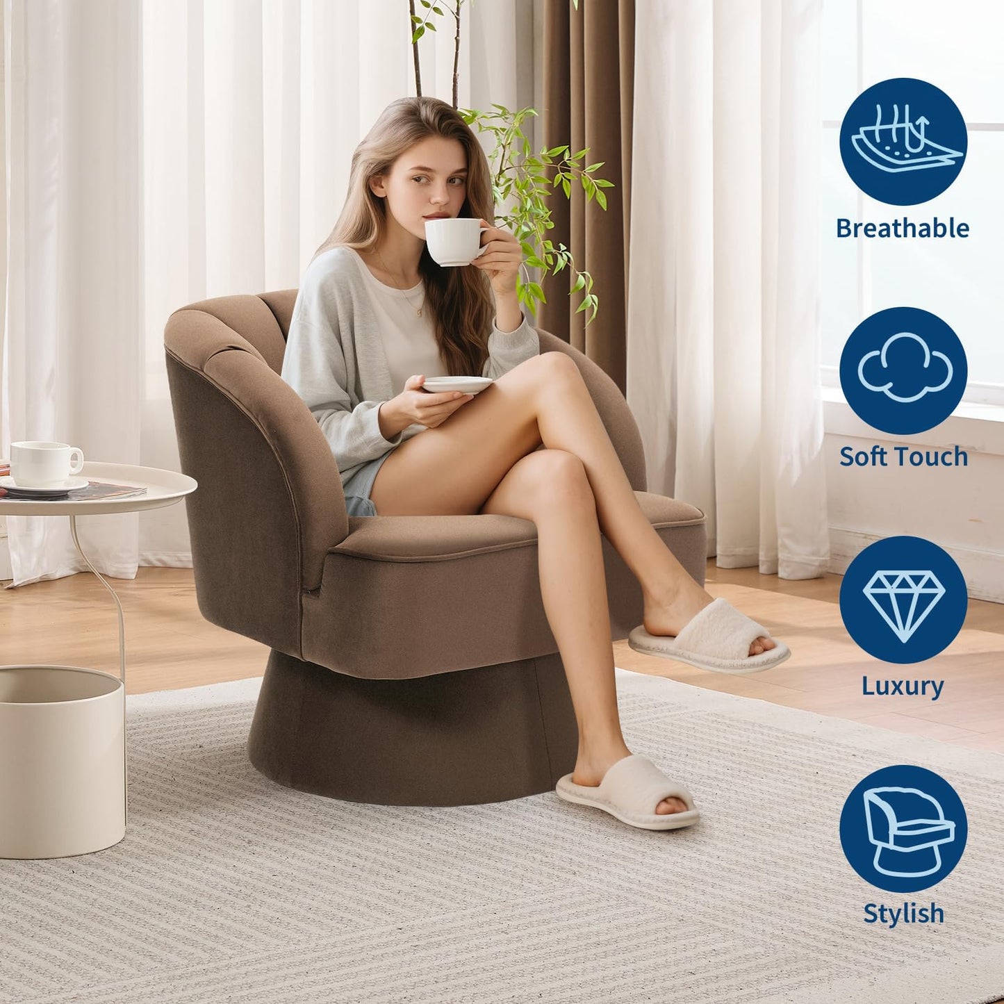 IDEALHOUSE Swivel Accent Chair with Armrests, 360° Mid Century Modern Swivel Barrel Chair, Modern Cozy Velvet Armchair for Living Room, Bedroom, Small Space, Brown