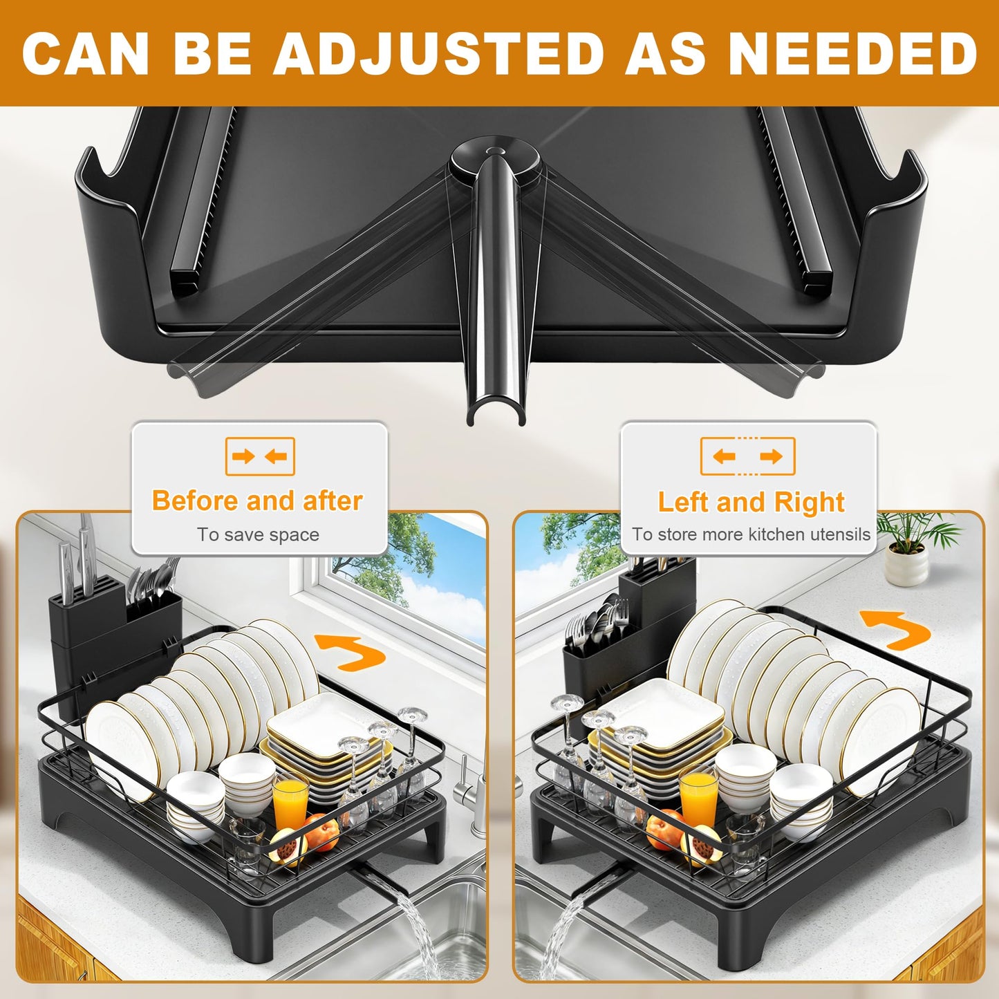 OERPHO Dish Drying Rack for Kitchen Counter, Dish Rack, Dish Drainer for Kitchen with Built-in Drain, Stainless Steel Sink Organization and Storage Essentials with Cutlery Holder (17" x 13.4", Black)