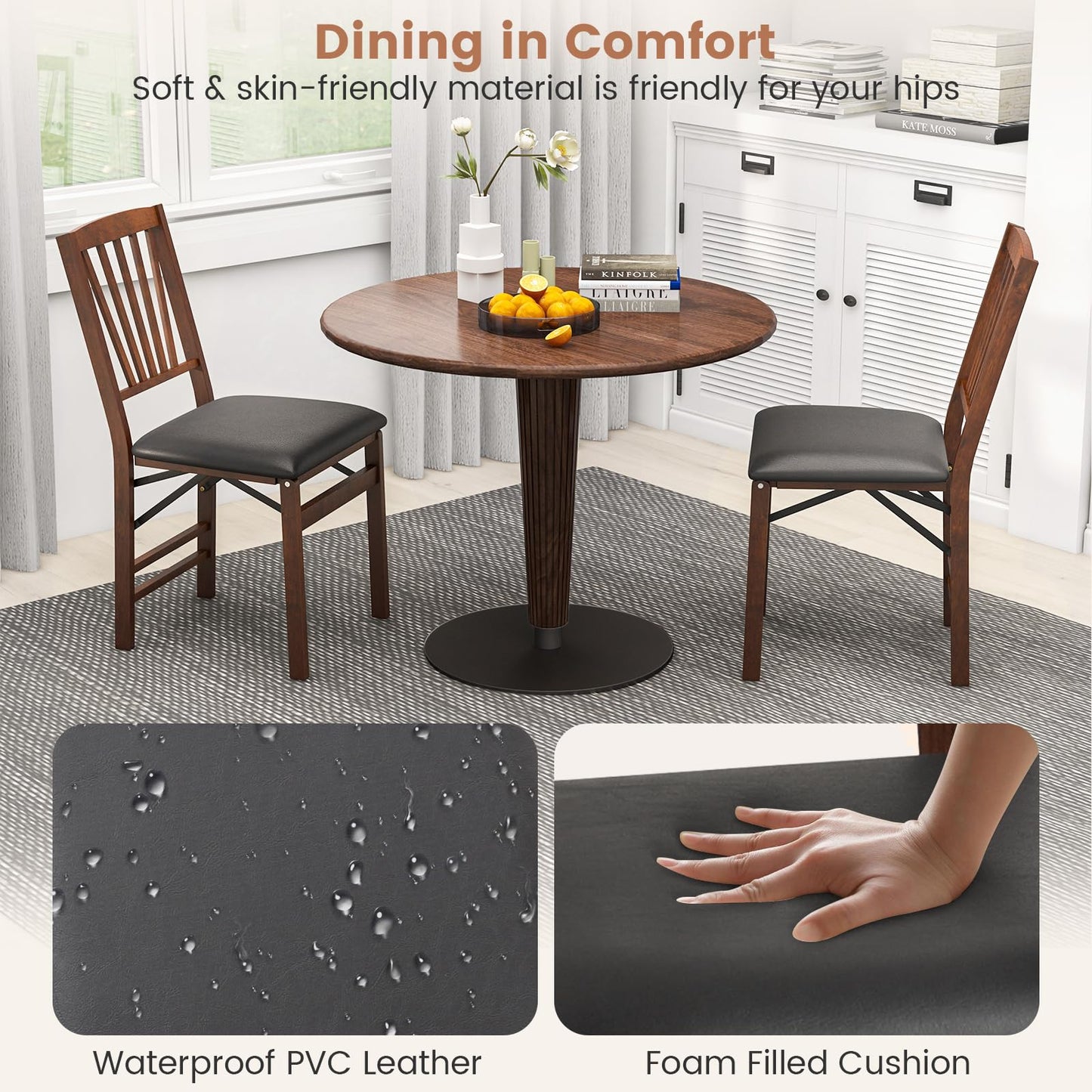 KOTEK Folding Dining Chairs Set of 4, Wooden Kitchen Chairs with Padded Seat & Solid Wood Frame, 400 LBS Weight Capacity, No Assembly Foldable Chair for Dining Room, Living Room