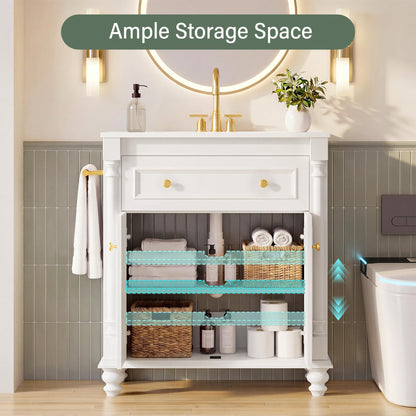 YESHOMY 30" Bathroom Vanity with Sink, Freestanding Bathroom Vanity with Integrated Ceramic Basin, 1 Flip-Down Drawer, 2 Doors & Adjustable Shelf, Bathroom Storage Cabinet with Sink Combo Set, White