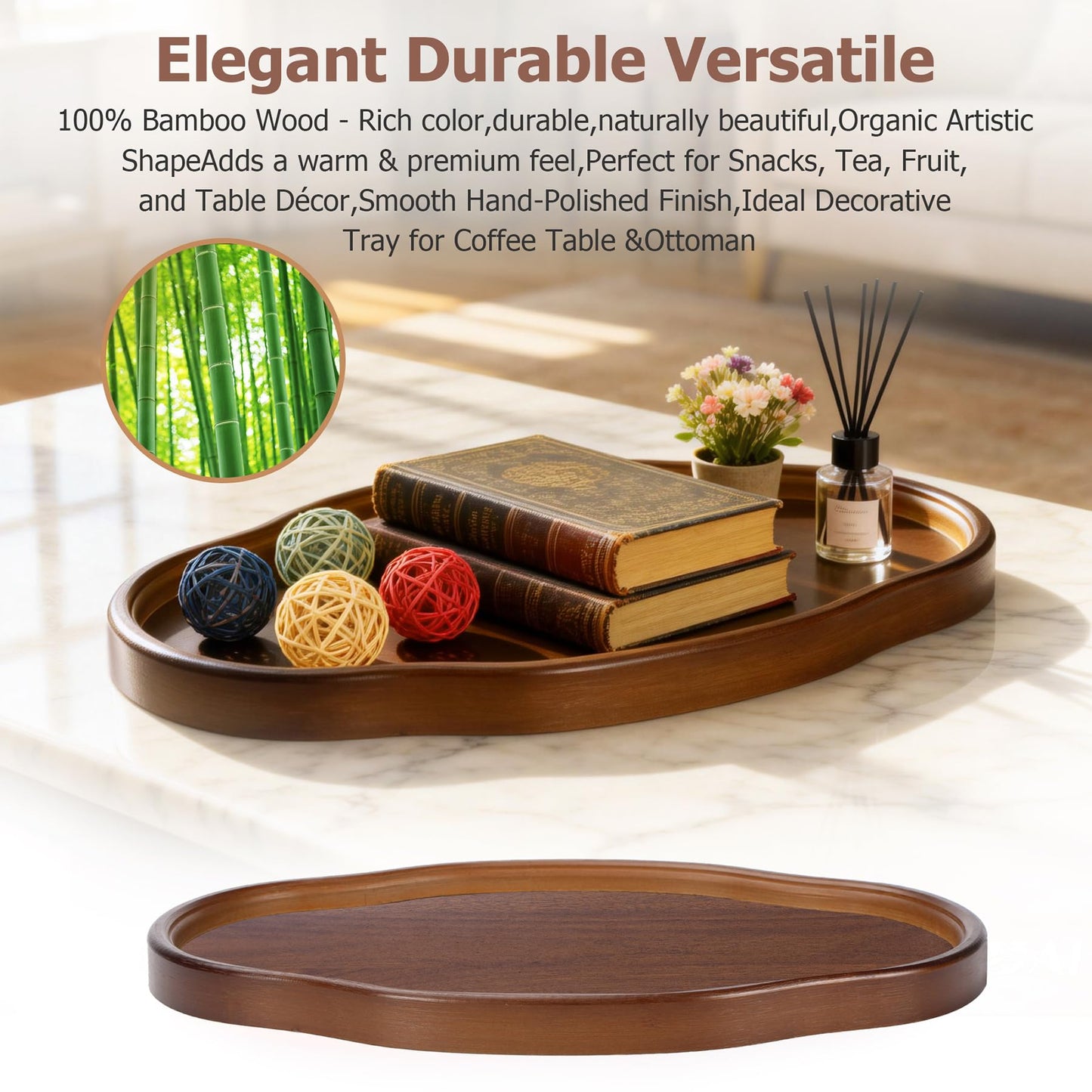 Wood Serving Tray, Wooden Tray, 14.57 Inch Irregular Decorative Serving Trays Platters for Home,Party,Coffee Table,Dining Table & Countertop