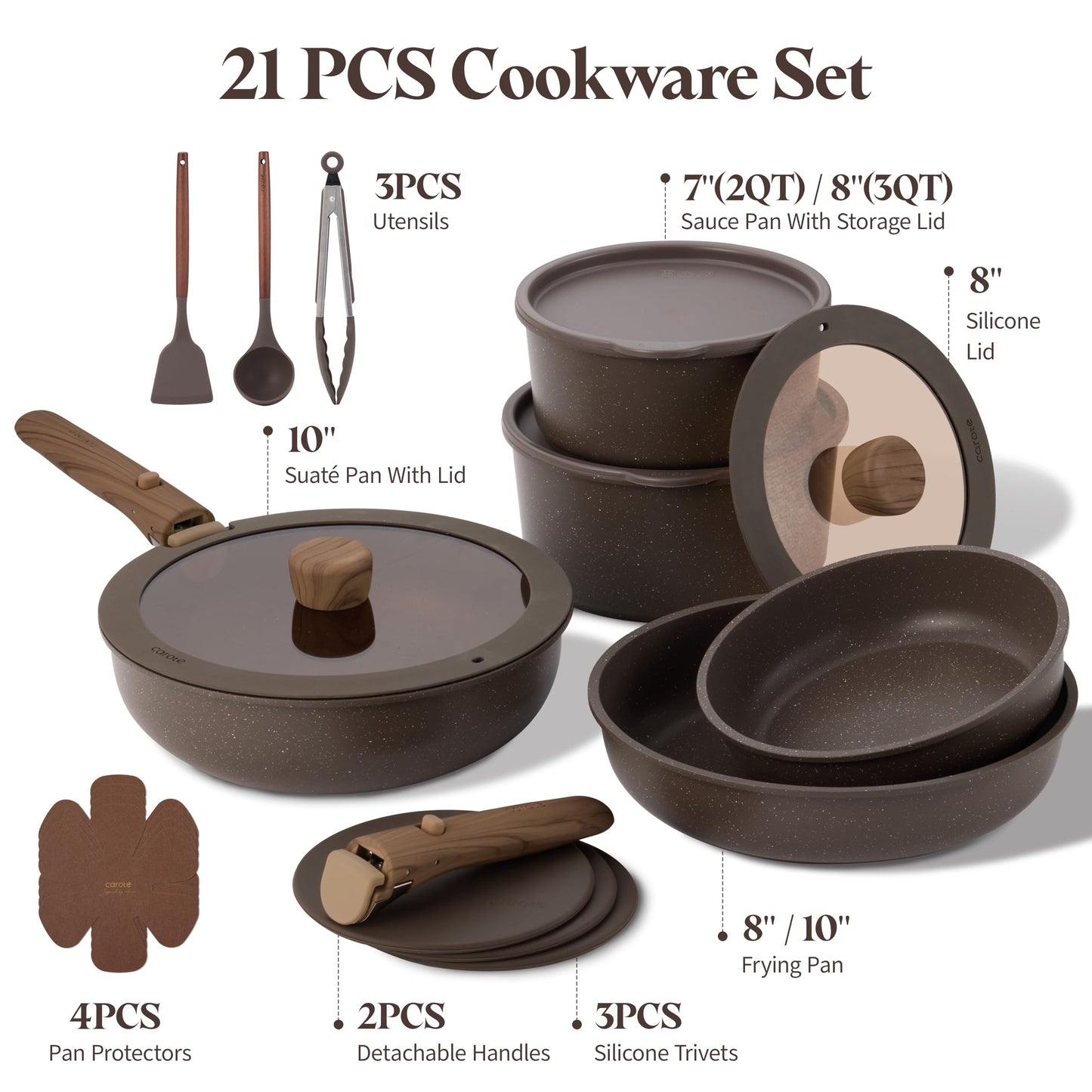 CAROTE 21PCS Pots and Pans Set Non Stick with Detachable Handle, Nonstick Cookware Sets, Cooking Kitchen Set, Oven/Dishwasher Safe, Induction Cookware, Brown, RV Kitchen Pot and Pan