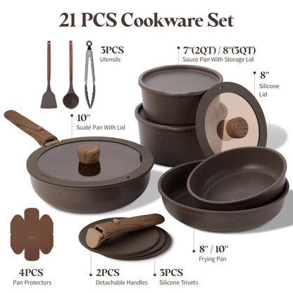 CAROTE 21PCS Pots and Pans Set Non Stick with Detachable Handle, Nonstick Cookware Sets, Cooking Kitchen Set, Oven/Dishwasher Safe, Induction Cookware, Brown, RV Kitchen Pot and Pan