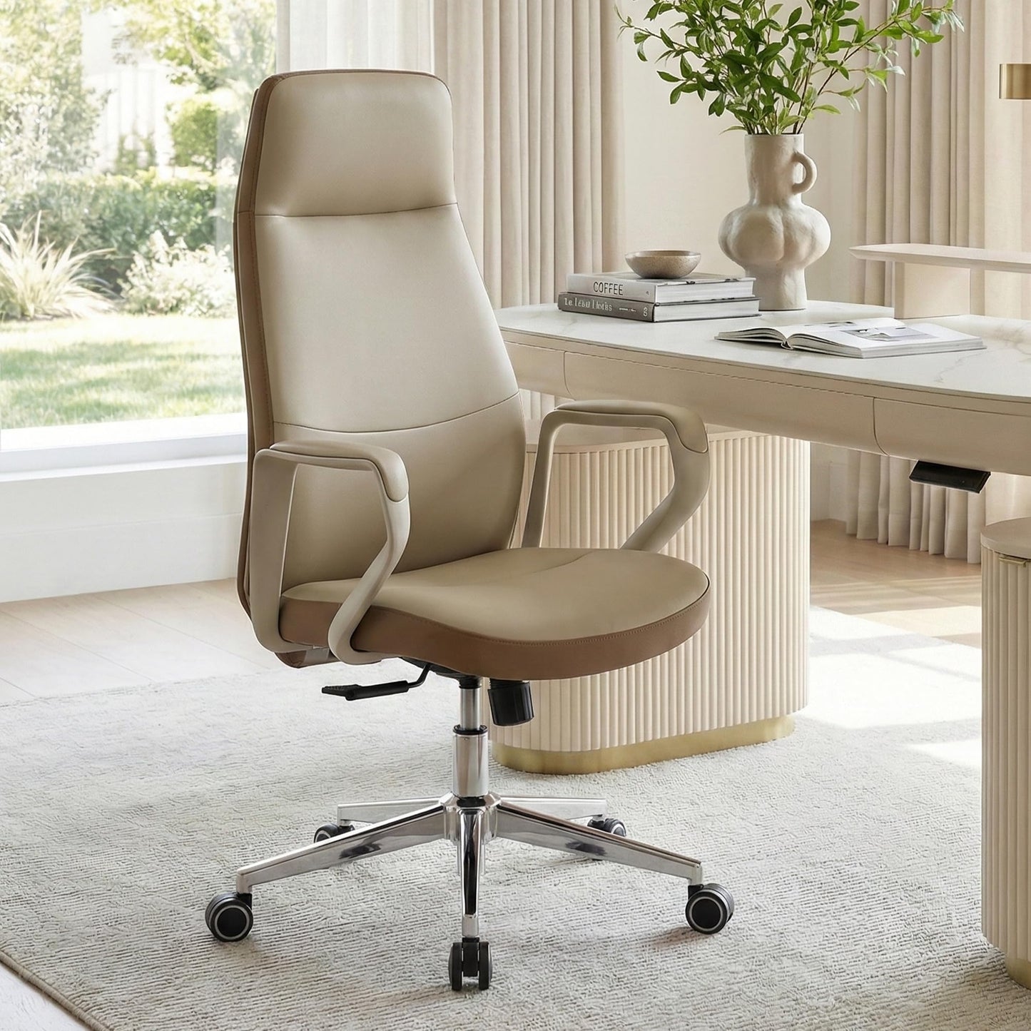 EUREKA ERGONOMIC Clara Executive Office Chair, Modern Leather Desk Chair with Back Support, Big and Tall Home Office Chair with 3-Position Recline Lock, Beige Brown