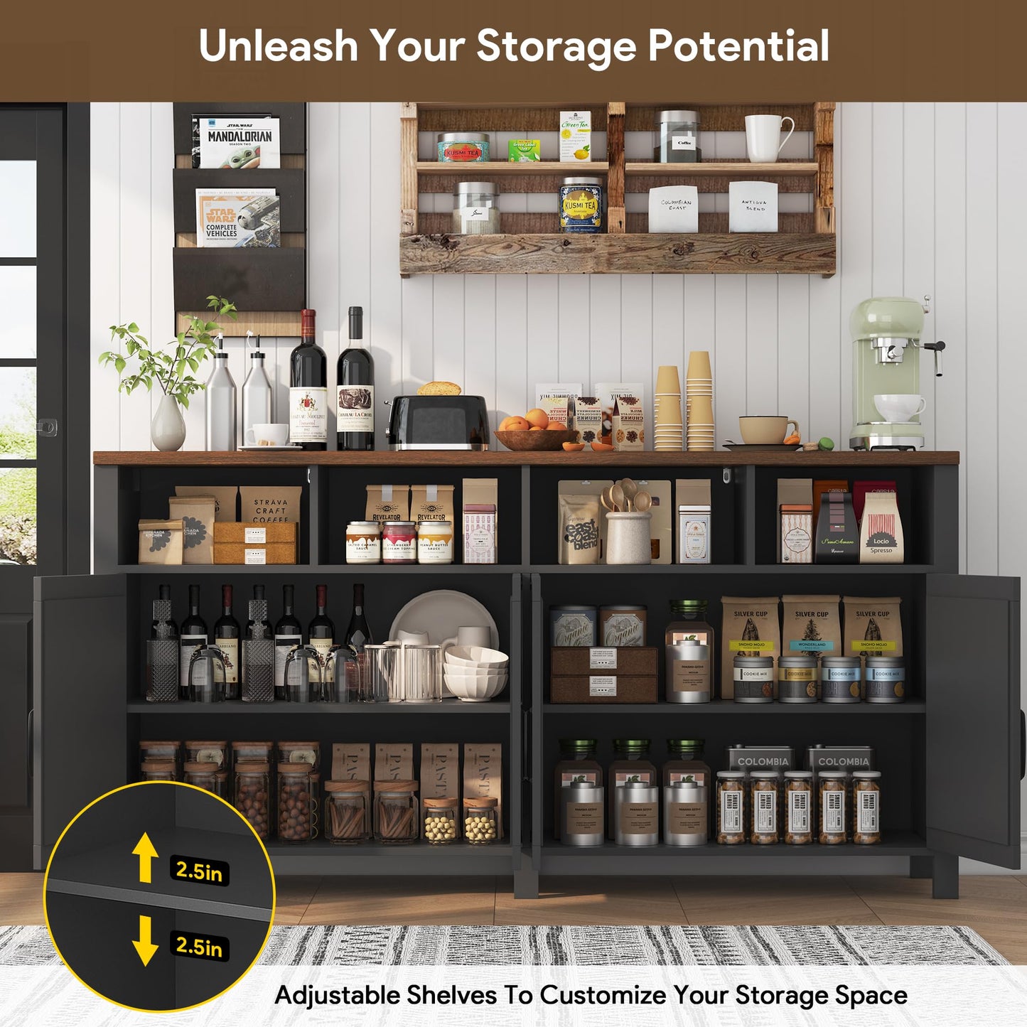 knoworld 63'' Buffet Sideboard with Storage Farmhouse with 4 Doors, Large Kitchen Storage Cabinet Wood Coffee Bar Cabinet Buffet Table with Shelves for Kitchen, Dining Room, Entryway