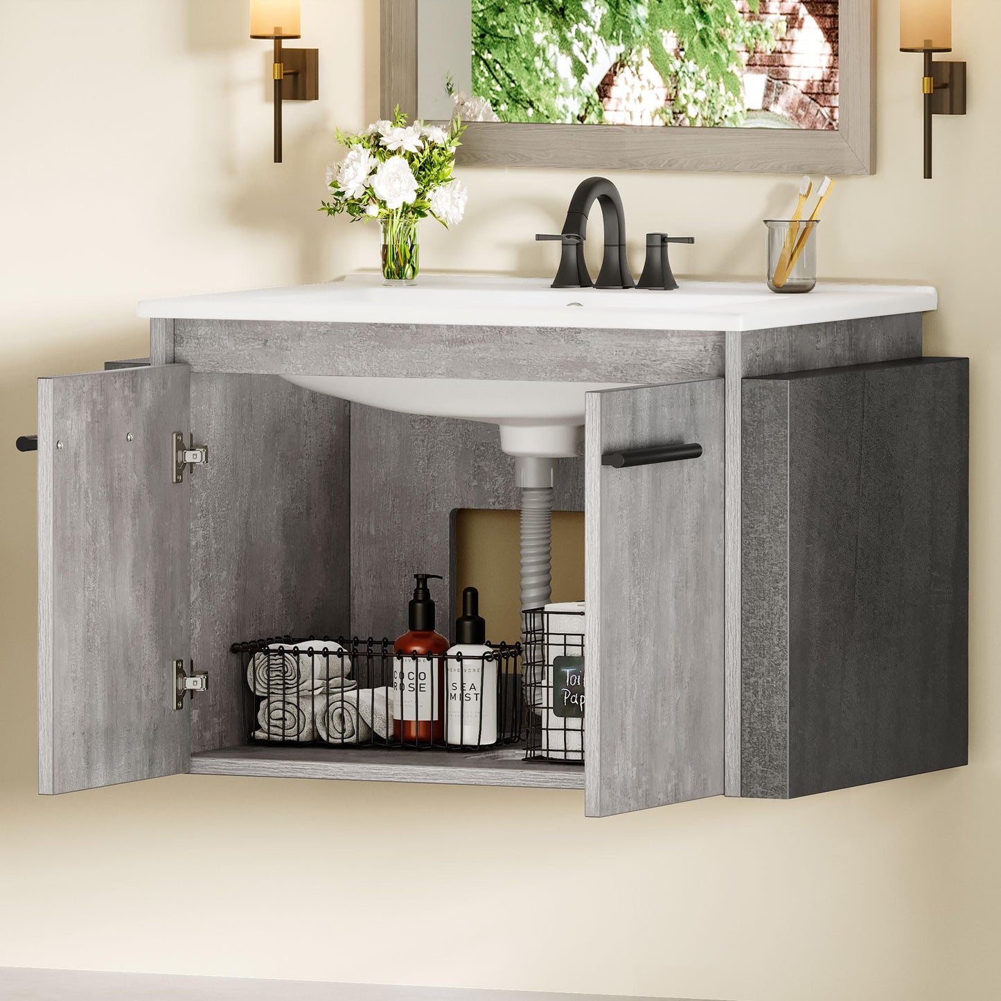YITAHOME 24 Inch*2PC Floating Vanity Bathroom with Sink Combo, Grey Wall Mounted Modern Vanity, Bathroom Cabinet Vanity with Soft-Closing Double Extra Large Doors, Total 53 Inch