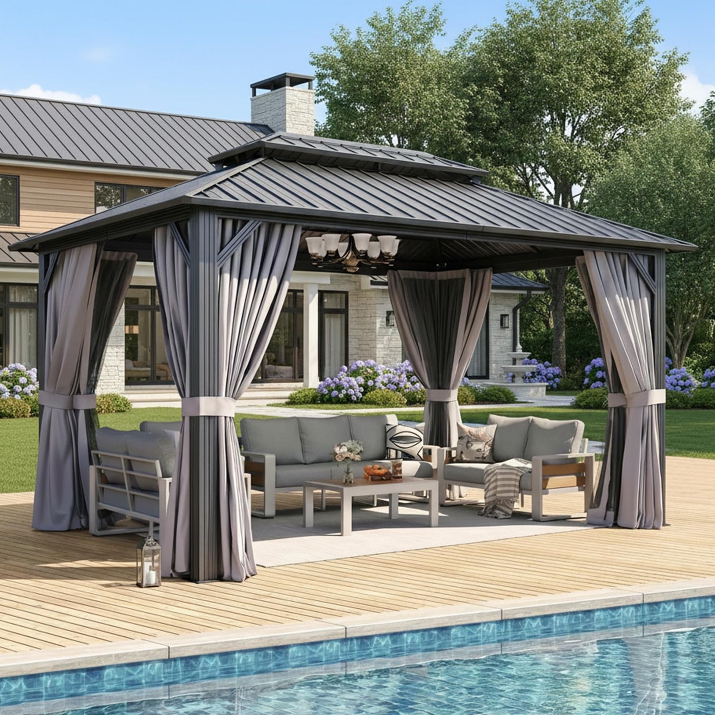 Aoxun 10'x14' Hardtop Gazebo, Aluminum Frame Canopy with Double Galvanized Steel Roof, Outdoor Metal Pavilion with Netting, Curtains for Backyard, Patio and Deck