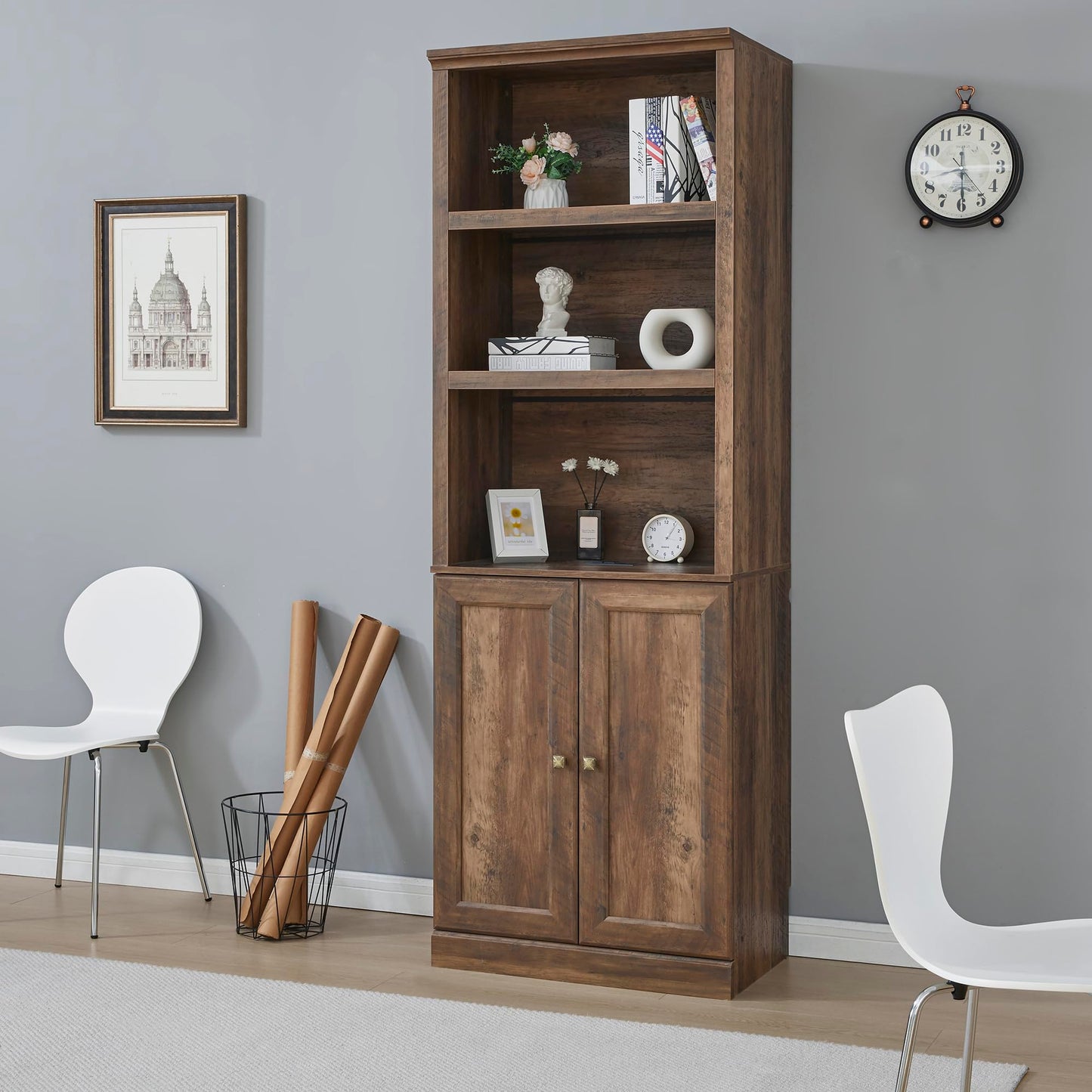 DiMorture 81" Tall Bookcase with USB Port, Wooden Book Cases Organizer with 3 Open Shelves and 2 Doors, Free-Standing Library Bookshelf Side Cabinet for Living Room, Bedroom (Brown)