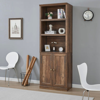DiMorture 81" Tall Bookcase with USB Port, Wooden Book Cases Organizer with 3 Open Shelves and 2 Doors, Free-Standing Library Bookshelf Side Cabinet for Living Room, Bedroom (Brown)
