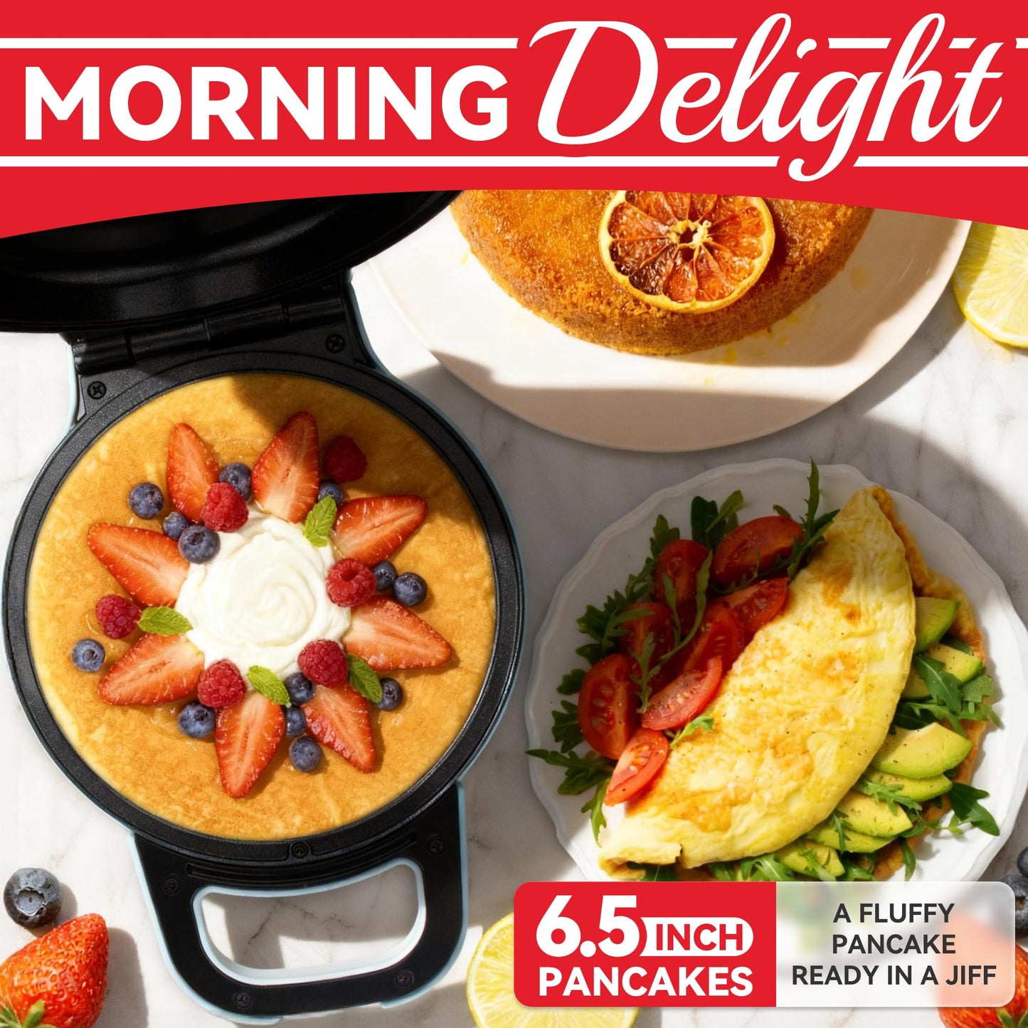 SugarWhisk Flip Pancake Maker Machine, Ceramic Coated Pancake Pan for 6.5 Inch Pancakes, Omelette, Crepe & Quesadilla, Frittata, Double Sided Omelette Pan Nonstick, Pale Blue