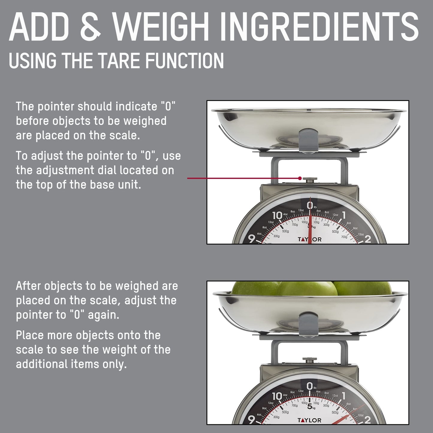 Taylor Mechanical Kitchen Food Scale with Bowl, Weighs Up to 11lbs, Measures in Grams and Ounces, Analog Cooking Scale for Baking, Black and Silver