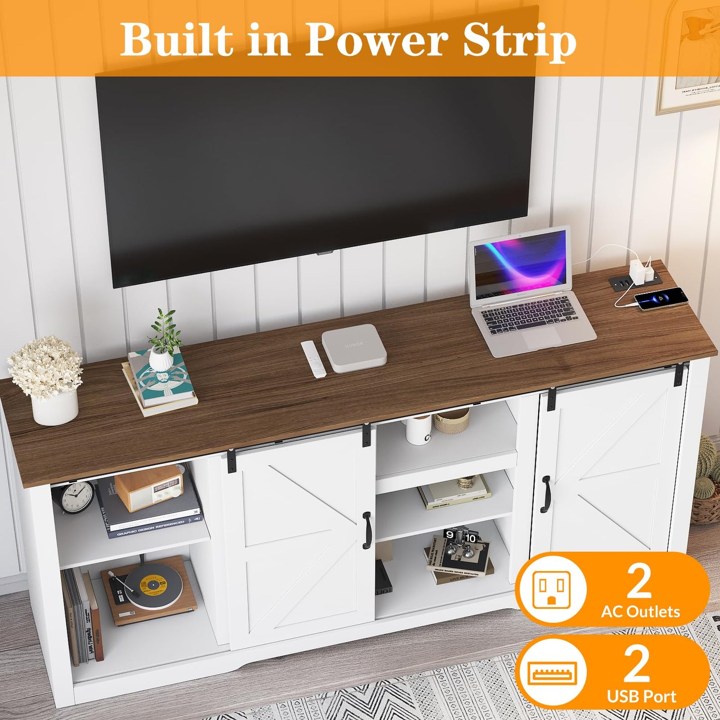 Garvee 70" Farmhouse TV Stands for 80" Television, Entertainment Center with Sliding Barn Door, Media TV Console Table with Storage & Adjustable Shelves for Living Room, White+Brown